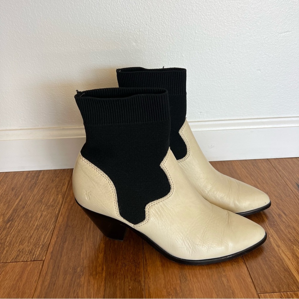 Frye Lila Black and Cream Ankle Sock Boot 8.5 Genuine Leather
